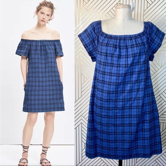 MADEWELL Plaid Off the Shoulder Dress Blue Black Sheath Dress with Pockets - Picture 1 of 9